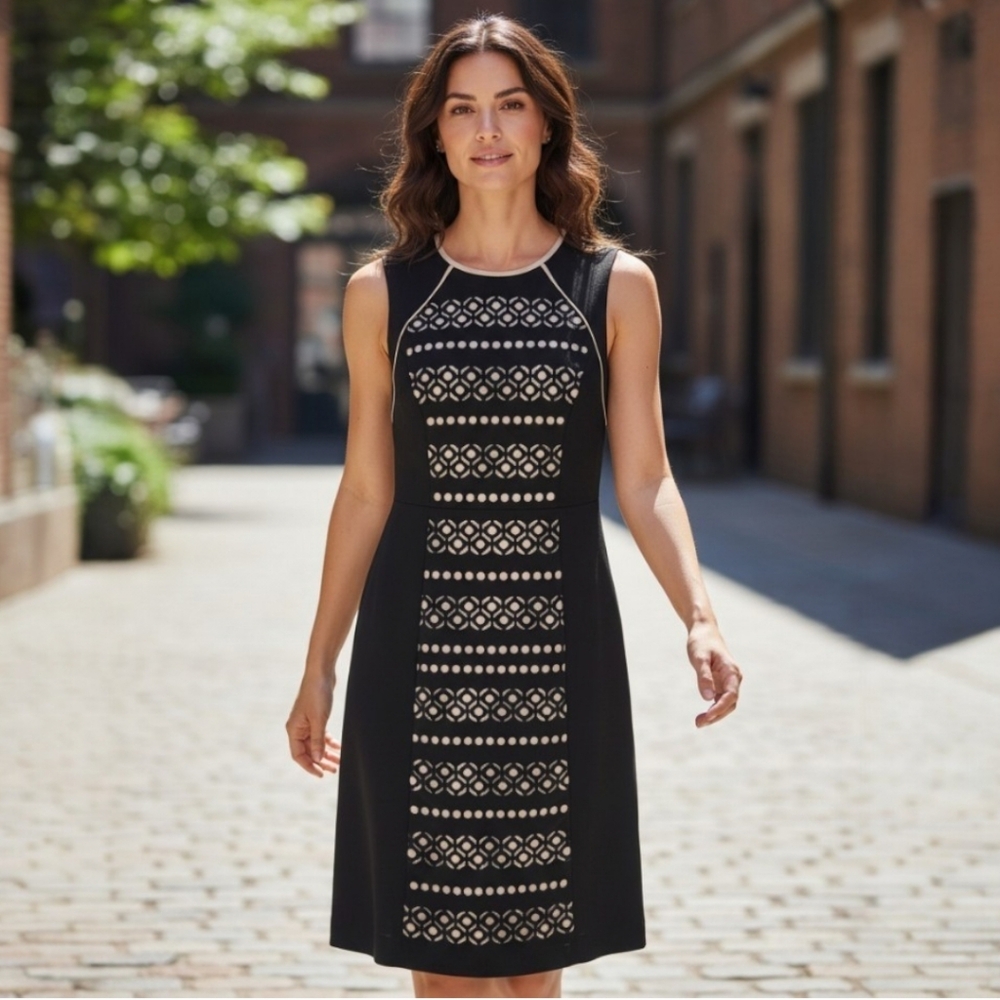 NWT Anne Klein Women's Black Nude Geometric Cutout Midi Sleeves Dress Back Zip 8